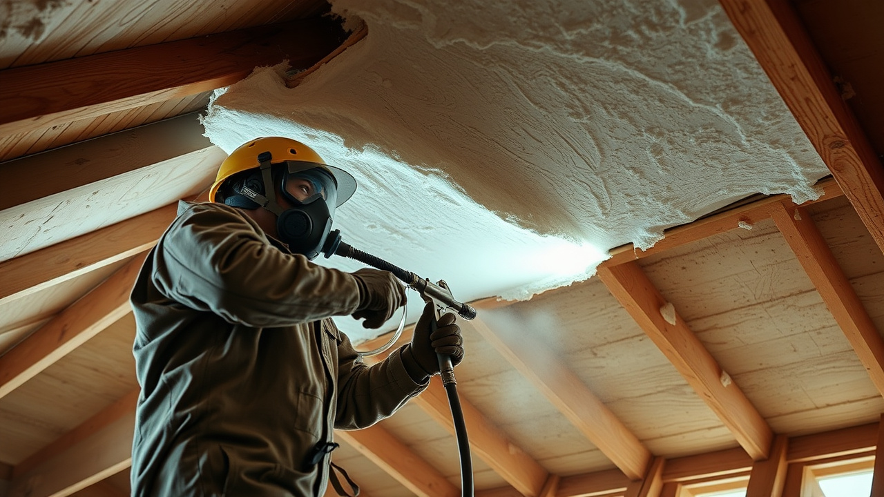 Technician spray-applying closed-cell spray foam insulation to a roof deck in a San Tan Valley, Arizona attic
